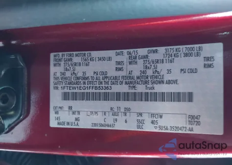 2015 Ford F-150 Xlt z USA, uszkodzony, nr VIN 1FTEW1EG1FFB53363